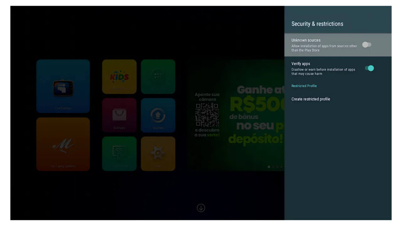 A picture show how to enable download apps from unknown sources on the tv