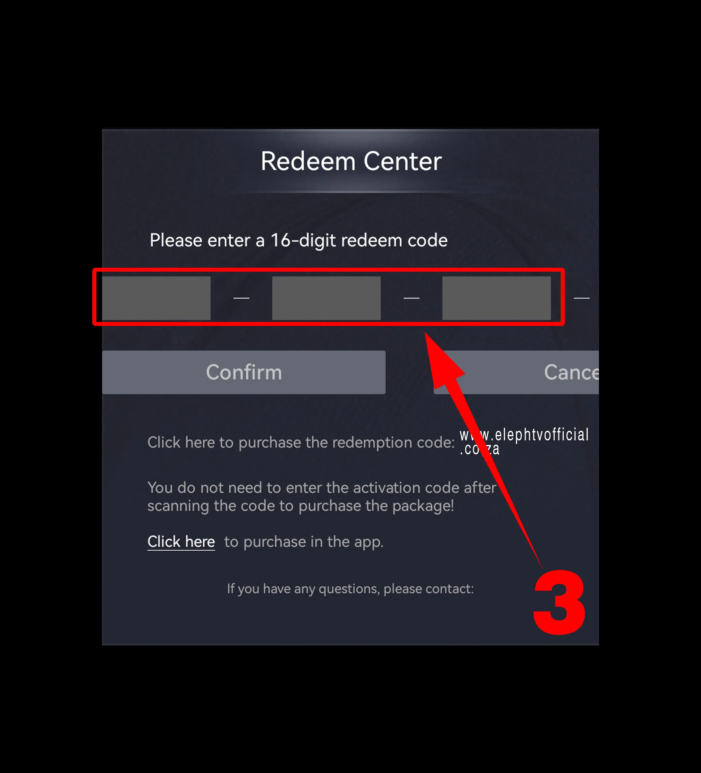 Where to enter redeem code in elephtv app