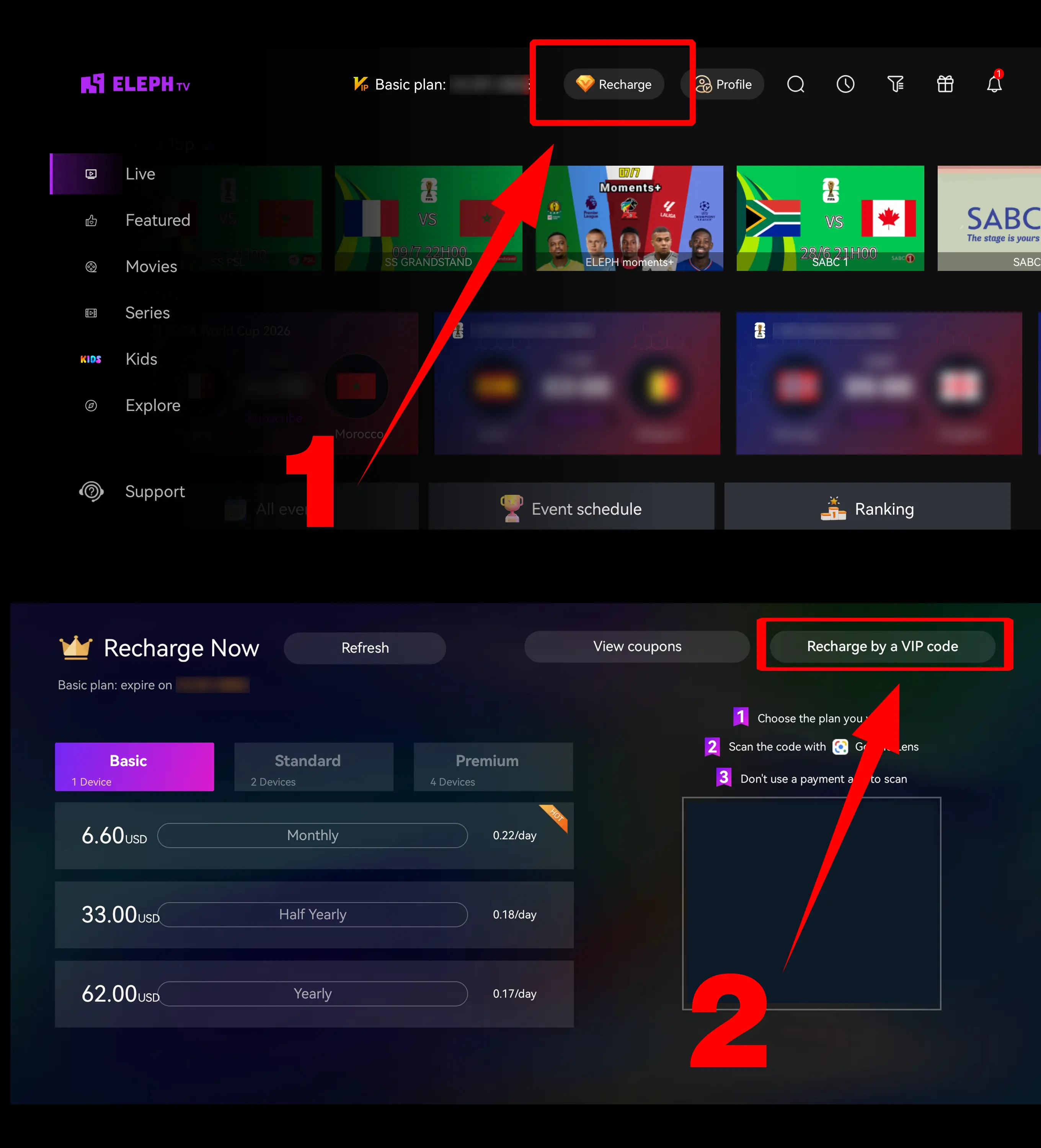 how to renew ElephTV via redeem code: for TV or mobile version
